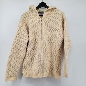 Aran Crafts 100% Merino Wool Chunky Cable Knit Hooded Sweater Zip Up Jacket larg